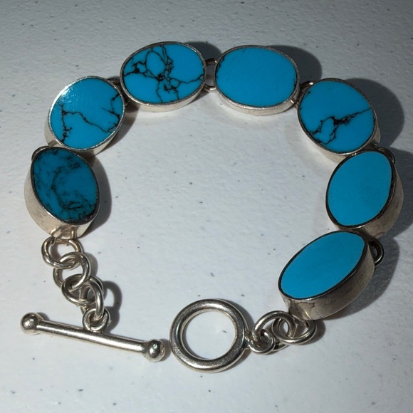 Taxco Jewelry - Taxco 925 Sterling Oval Turquoise Toggle Bracelet 7.5" (2)